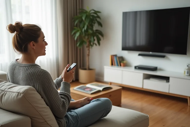 Femme regardant la télévision en direct gratuitement dans son salon confortable