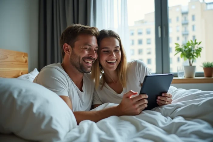 Couple regardant la TV en direct gratuitement sur tablette dans une chambre