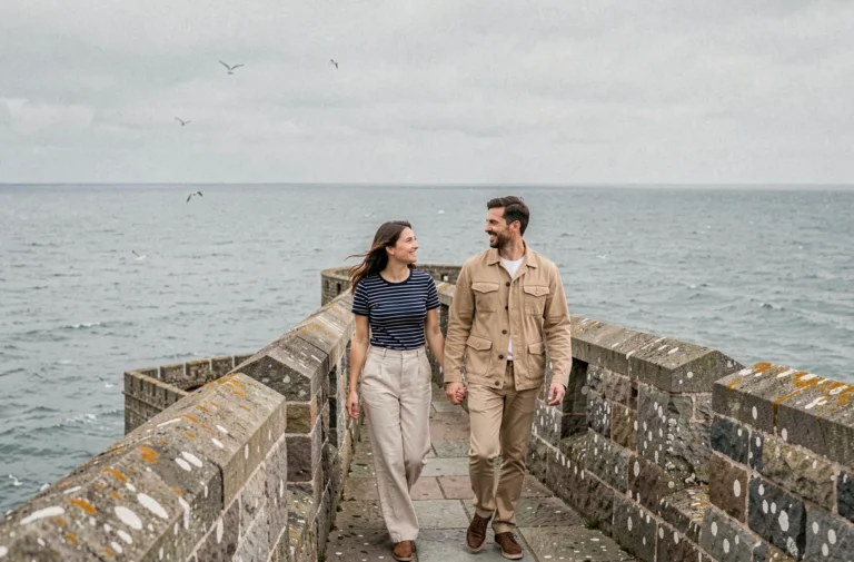 Couple se promenant sur les remparts de Saint-Malo avec vue sur la mer et la vieille ville bretonne