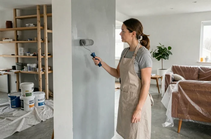 Femme en train de peindre un mur en gris mat dans un salon en cours de rénovation, avec des meubles protégés et des pots de peinture au sol