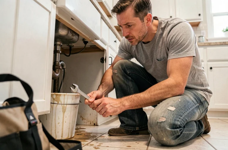 Un homme répare une fuite sous l'évier de la cuisine avec une clé à molette lors d'un dépannage urgent à domicile