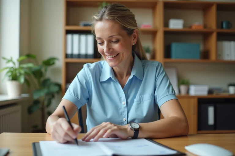 Responsable de planning ADMR consultant un tableau de planification hebdomadaire sur tablette dans un bureau professionnel