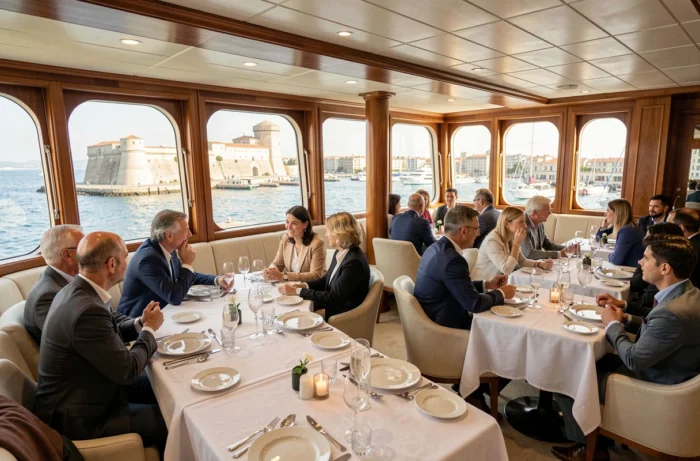 Salle à manger élégante d'un paquebot de croisière avec vue sur le port de Marseille