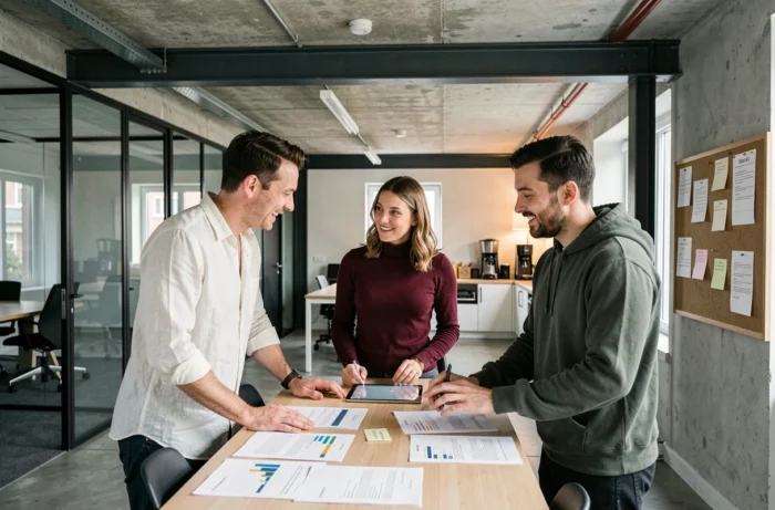 Groupe de professionnels en réunion de brainstorming dans un espace de coworking à Bruxelles avec architecture industrielle moderne