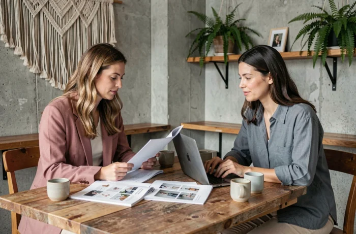 Deux femmes en tenue de mode durable discutant d'une collaboration avec une marque éthique autour d'un lookbook dans un café