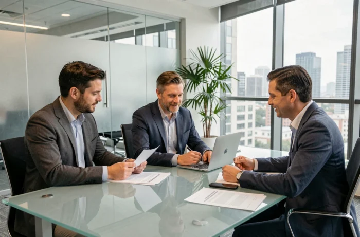 Réunion professionnelle dans un bureau moderne illustrant les activités d'une entreprise internationale