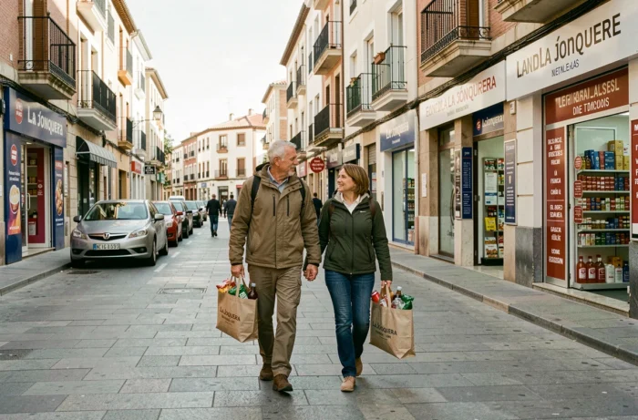 Couple de touristes se promenant dans la rue commerçante de La Jonquera avec des sacs de courses remplis de produits espagnols