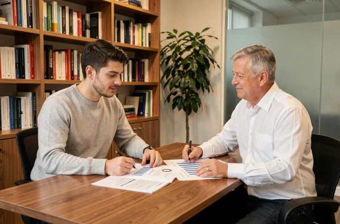 Jeune entrepreneur en séance de conseil personnalisé avec un consultant expérimenté pour booster son activité