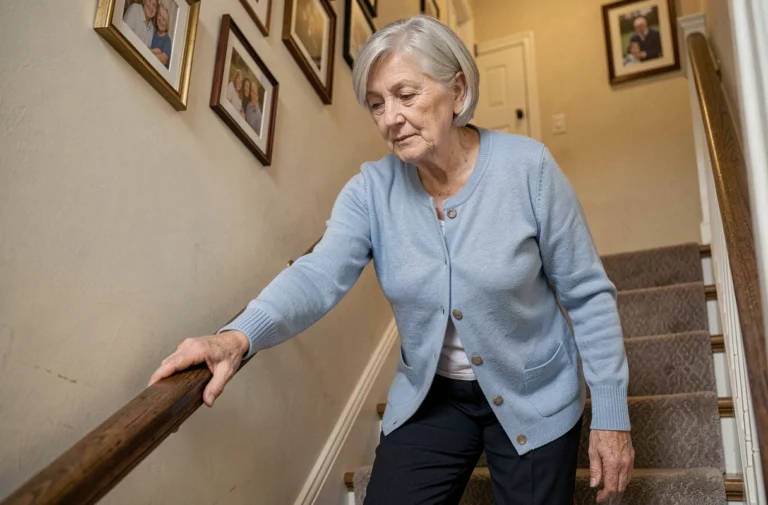 Femme âgée se tenant à une rampe d'escalier pour prévenir les chutes à domicile