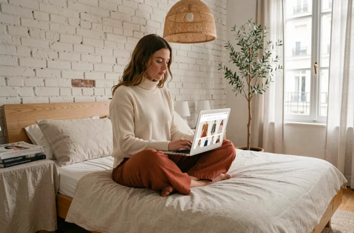 Jeune femme parisienne faisant du shopping de mode en ligne sur son ordinateur portable dans sa chambre