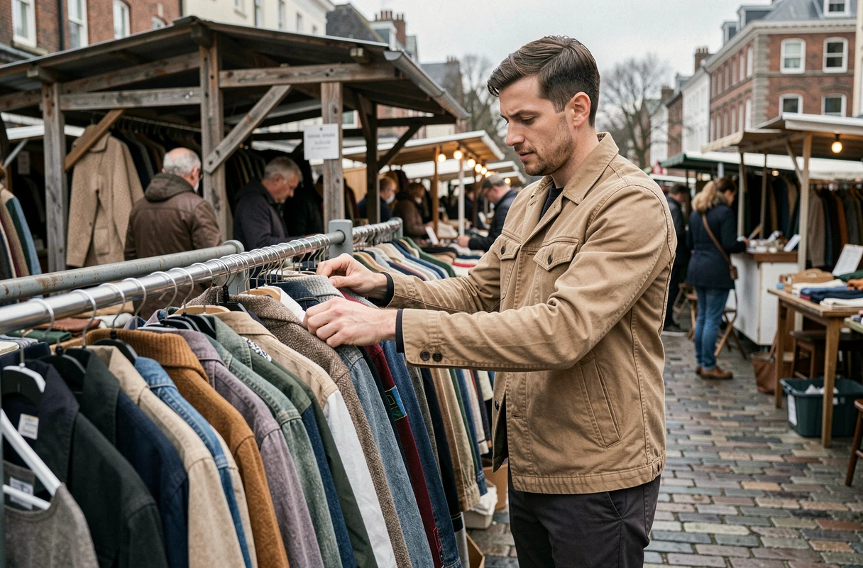 Homme cherchant des vêtements de seconde main sur un marché vintage urbain