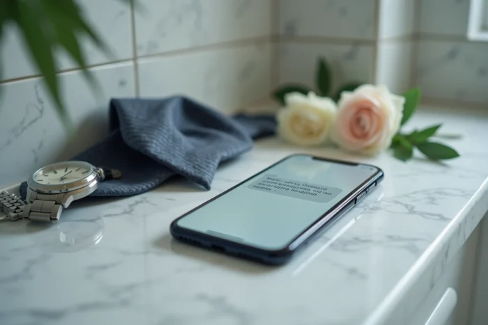 Un smartphone affichant un SMS tendre envoyé le matin d'un mariage posé sur un comptoir de marbre