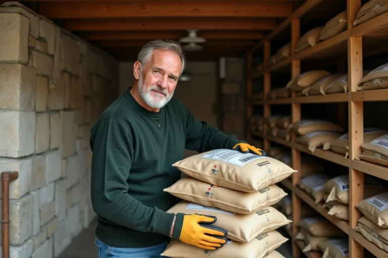 Homme empilant des sacs de pellets dans un garage pour se chauffer à petit prix