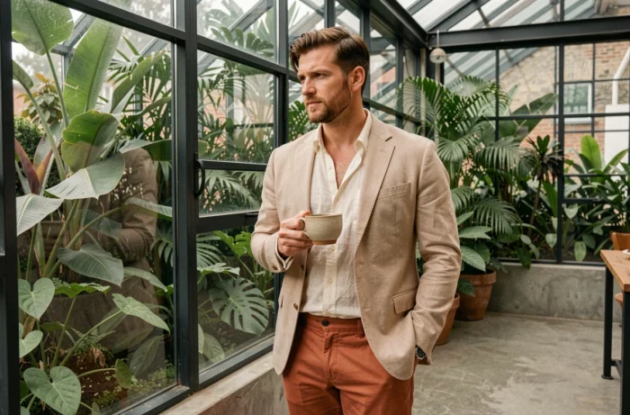 Homme en tenue mode printemps terracotta et lin écru dans un espace botanique urbain tendance