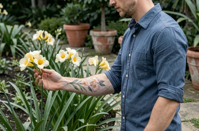 Homme montrant son tatouage de freesia aquarelle sur l'avant-bras face à de vraies fleurs dans un jardin botanique