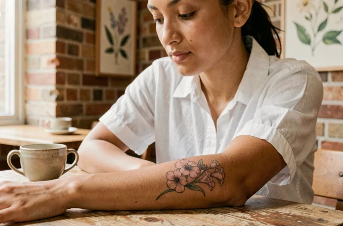 Tatouage de freesia en linework noir sur l'avant-bras d'une jeune femme dans un café vintage