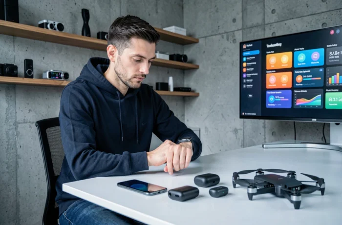 Un homme passionné de technologie examine une montre connectée entouré des dernières tendances high-tech sur son bureau moderne