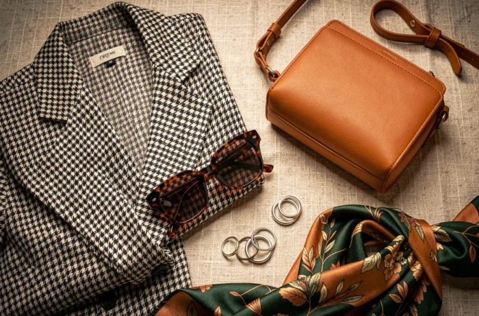 Flat-lay des accessoires mode incontournables de la saison : blazer houndstooth, sac en cuir cognac, foulard en soie et lunettes