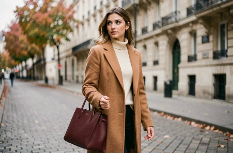Femme élégante en manteau camel et col roulé ivoire marchant sur un pavé parisien en automne, tendances mode saison
