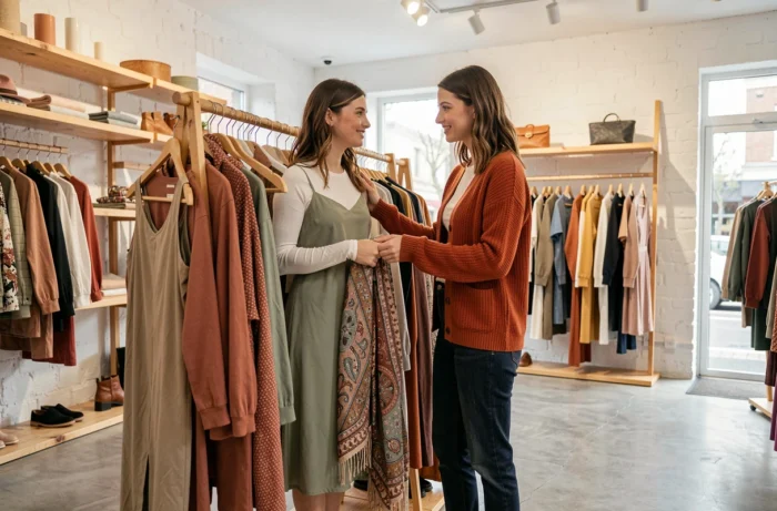 Deux femmes découvrant les nouvelles tendances vestimentaires dans une boutique concept store contemporaine
