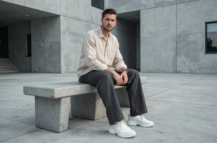 Homme en pantalon large charbon et chemise en lin dans un espace urbain minimaliste, tendances mode masculine saison