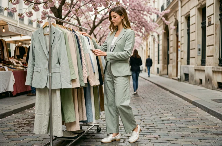 Jeune femme portant un ensemble lin vert sauge au marché parisien printanier, tendances mode printemps