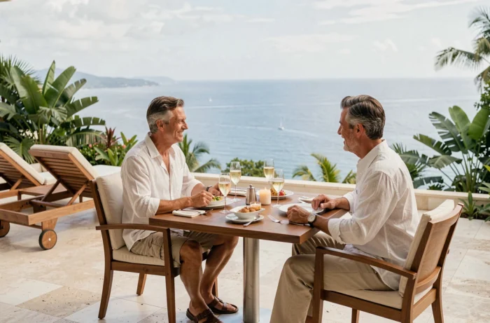 Couple élégant prenant le petit-déjeuner sur la terrasse privée d'une suite d'hôtel ultra-luxueux avec vue panoramique sur l'océan