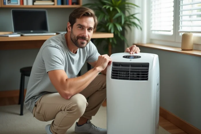 Utilisateur réglant les paramètres d'un climatiseur mobile dans un bureau à domicile lors d'un test produit