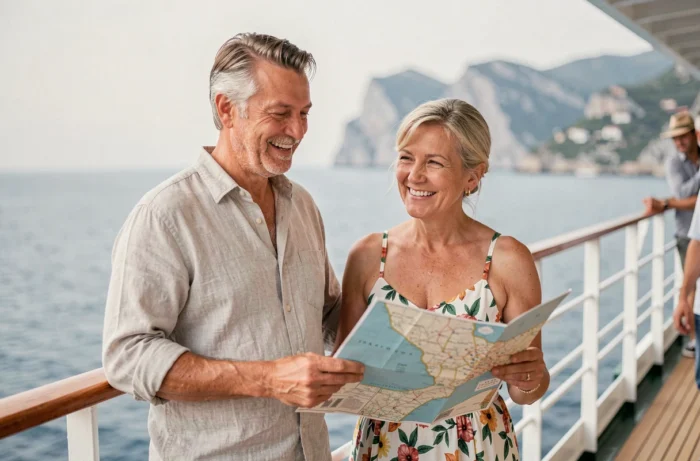 Couple de touristes souriants à la proue d'un bateau de croisière avec vue sur la Côte d'Azur
