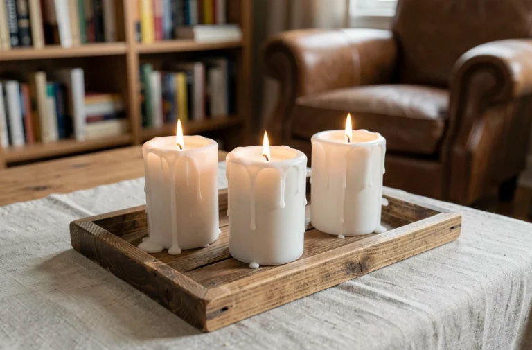 Trois bougies blanches allumées posées sur un plateau en bois rustique dans un salon cosy, atmosphère apaisante et chaleureuse