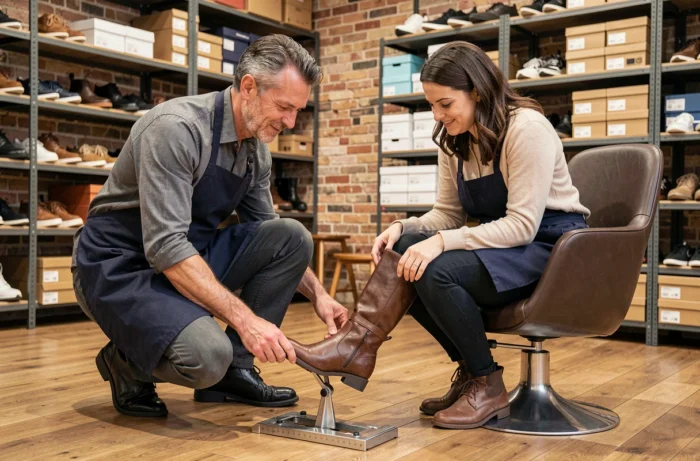 Vendeur de chaussures mesurant le pied d'une cliente dans une boutique indépendante à Lyon avec un appareil de mesure Brannock