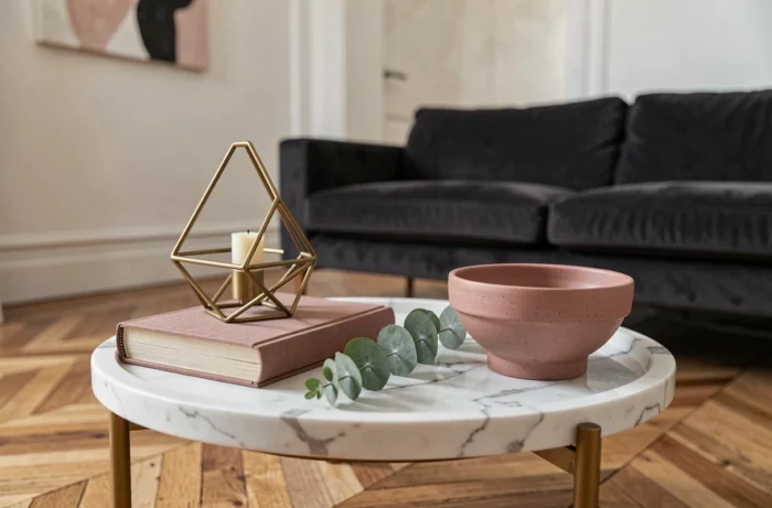 Plateau décoratif en marbre avec bougeoir en laiton, livres d'art et bol en céramique rose sur une table basse dans un appartement parisien contemporain