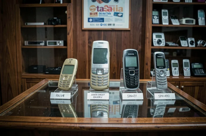Vitrine de collection de téléphones à clapet cultes incluant le Motorola Razr doré et le Samsung SPH-A900 présentés comme des objets de musée