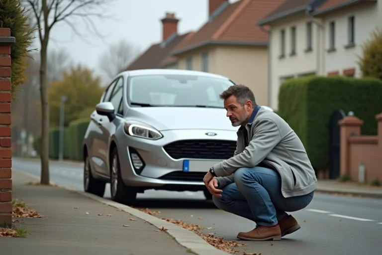 Homme examinant une voiture garée sur le trottoir devant une maison en lotissement résidentiel français