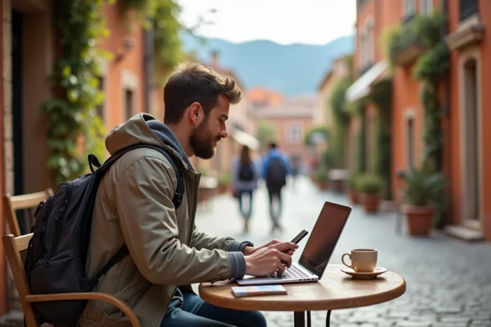 Voyageur assis en terrasse de café méditerranéen personnalisant son itinéraire de vacances sur ordinateur