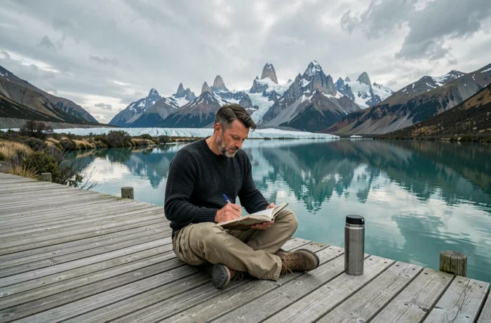 Voyageur solitaire écrivant dans son carnet sur un ponton en bois au bord d'un lac glaciaire en Patagonie