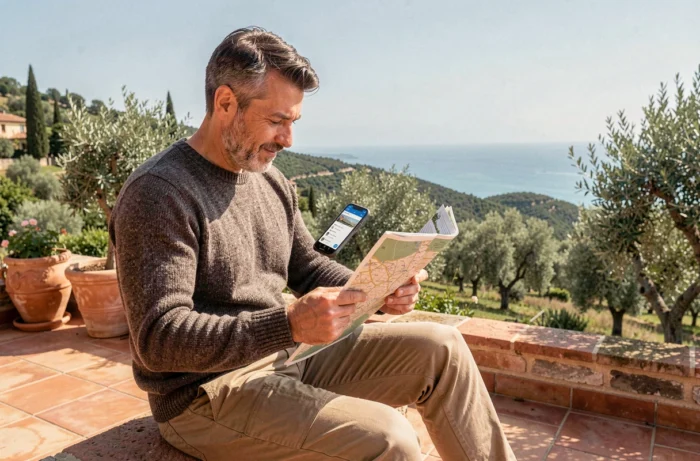 Voyageur consultant une carte et son smartphone sur la terrasse d'une villa méditerranéenne avec vue sur la mer