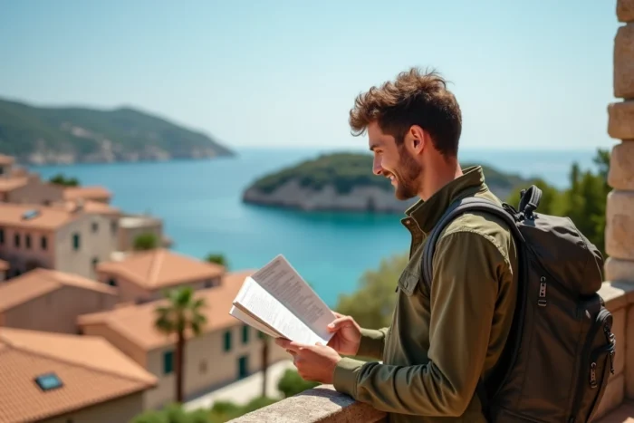 Voyageur solo consultant un guide d'hébergement sur la terrasse d'une villa avec vue sur la mer Méditerranée