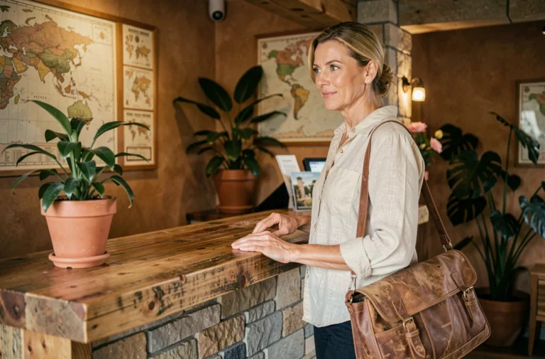 Voyageuse qui s'enregistre dans un boutique hôtel au design authentique avec réception en bois brut