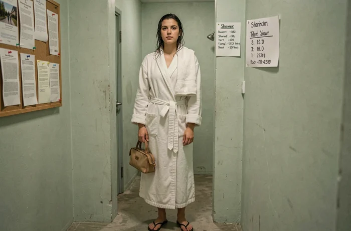 Jeune femme en robe de chambre tenant une trousse de toilette devant l'entrée d'une douche collective en auberge de jeunesse