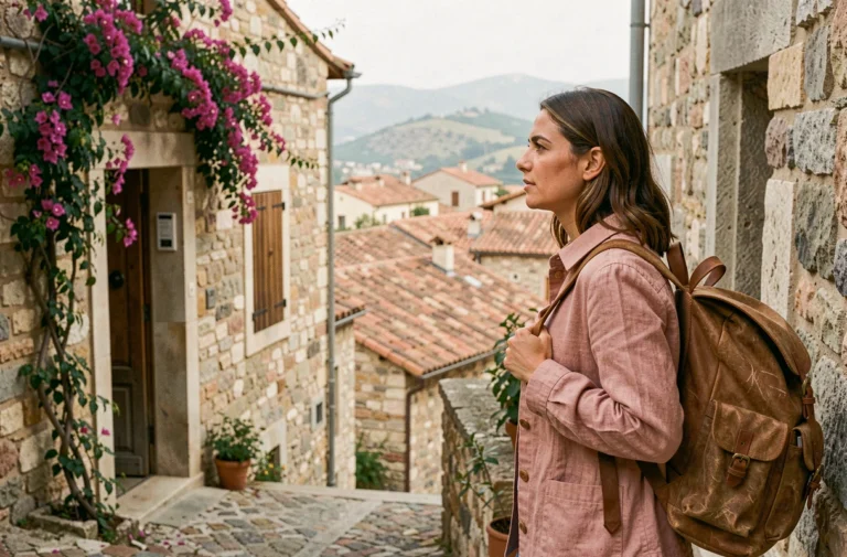 Femme voyageuse contemplant les toits en terrasse d'un village méditerranéen depuis une ruelle en cobblestones