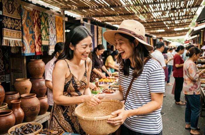 Deux voyageuses explorant un marché artisanal coloré en Asie du Sud-Est parmi des textiles et poteries locales