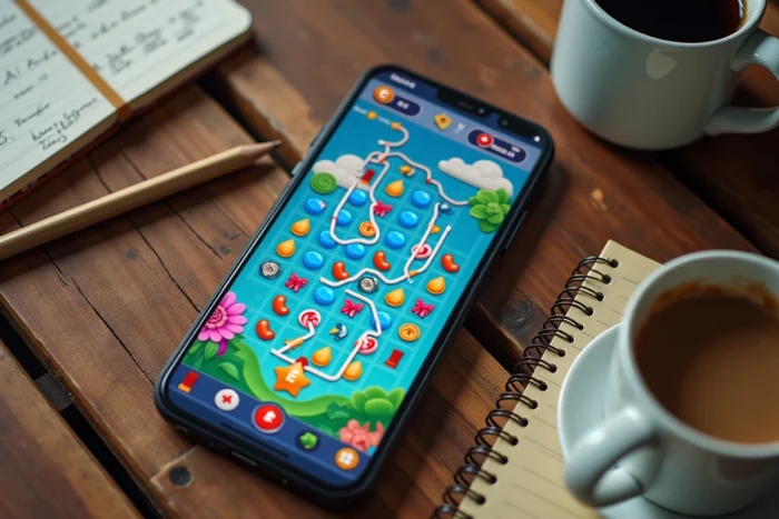 Vue aérienne d'un smartphone posé sur un bureau en bois affichant la carte des niveaux d'un jeu de puzzle type Candy Crush